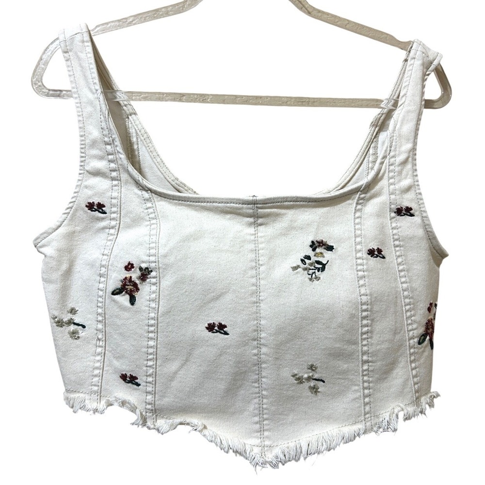 Banjara Large Top Floral Embroidered Denim Corset Cute Over Flowy Boho Shirt